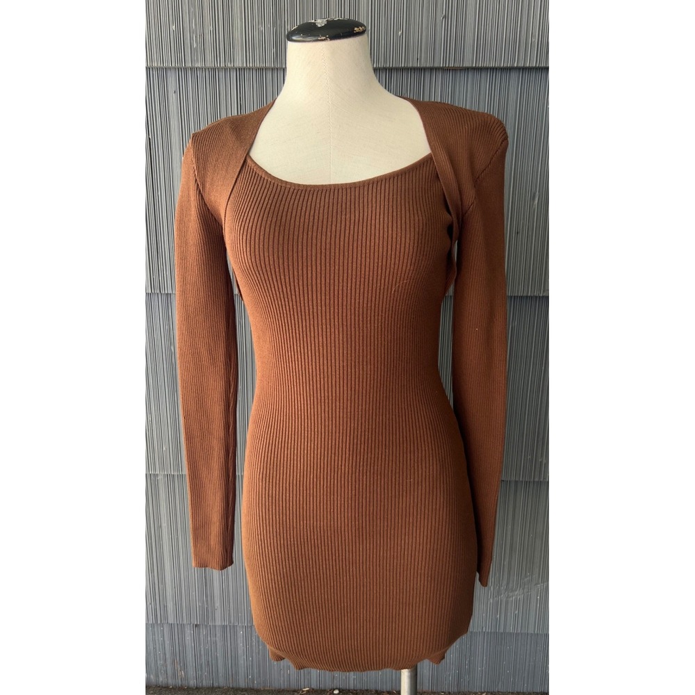Astonishing Power Brown Ribbed Knit Bodycon Mini Dress Boho Bodycon Small